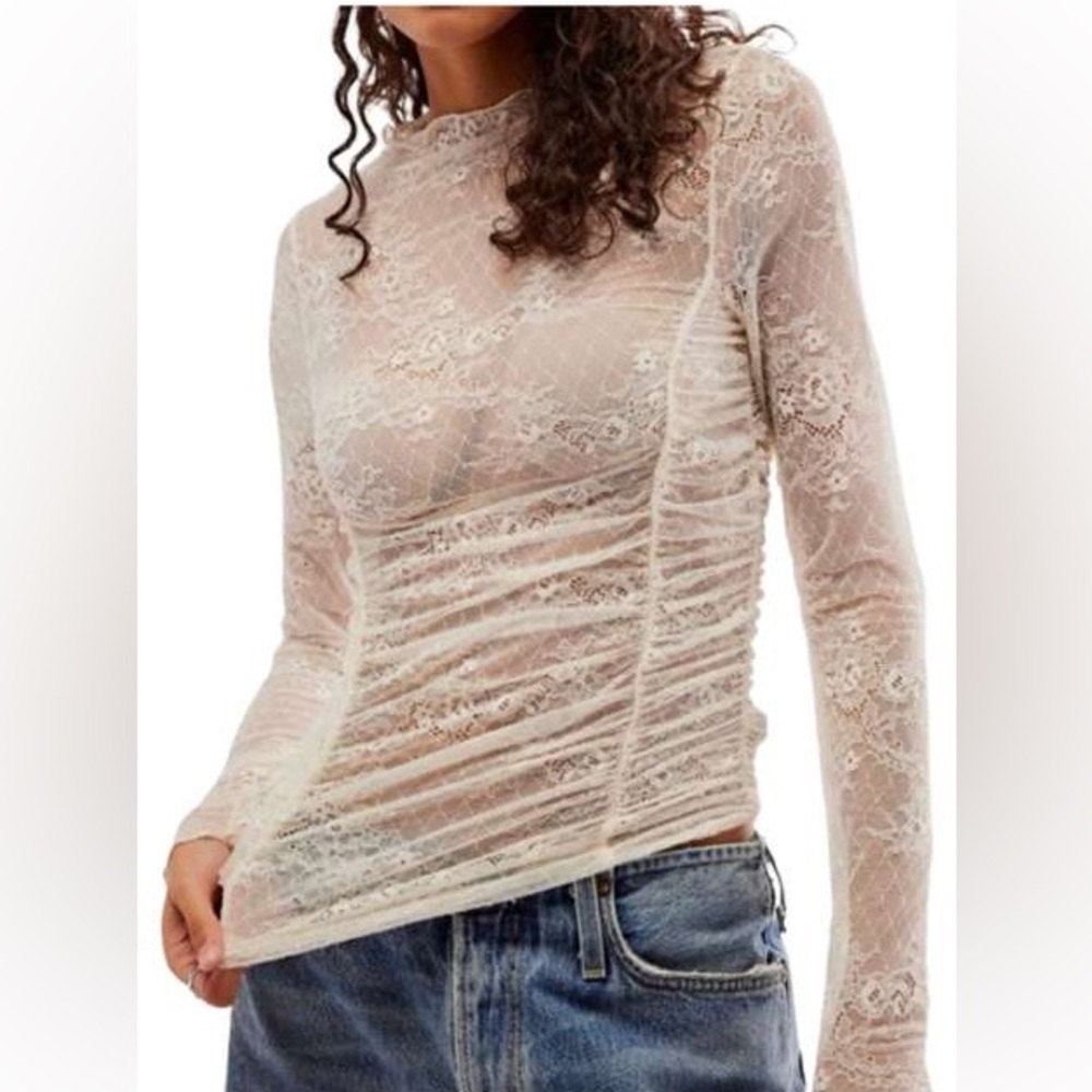 Free People Sheer Lace Long-Sleeve Top in Cream